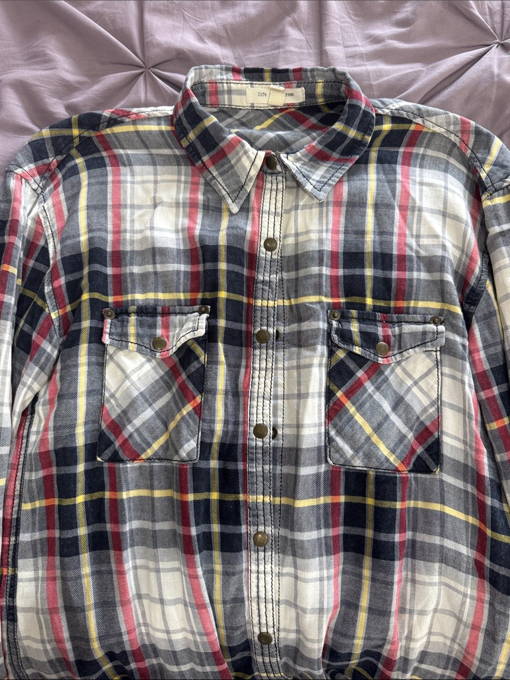 Women’s Plaid Button-Up Shirt in Navy, Red & Yellow